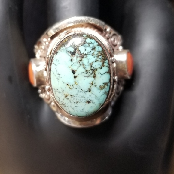 sterling silver Jewelry - Spiderweb turquoise and coral ring
